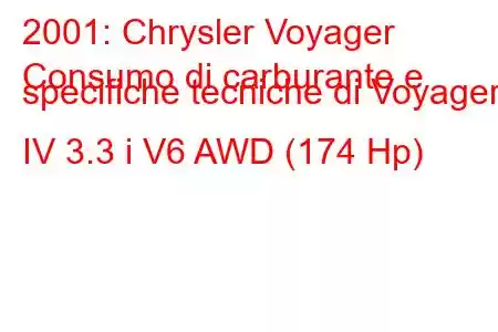 2001: Chrysler Voyager
Consumo di carburante e specifiche tecniche di Voyager IV 3.3 i V6 AWD (174 Hp)