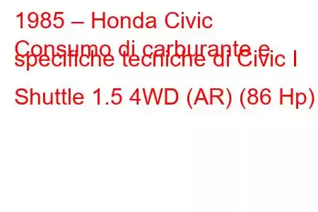 1985 – Honda Civic
Consumo di carburante e specifiche tecniche di Civic I Shuttle 1.5 4WD (AR) (86 Hp)