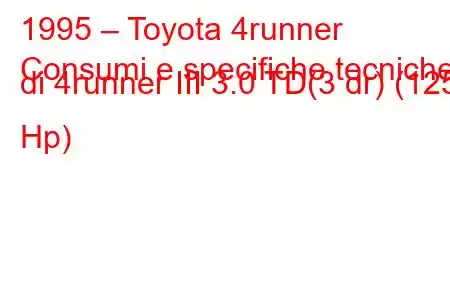 1995 – Toyota 4runner
Consumi e specifiche tecniche di 4runner III 3.0 TD(3 dr) (125 Hp)