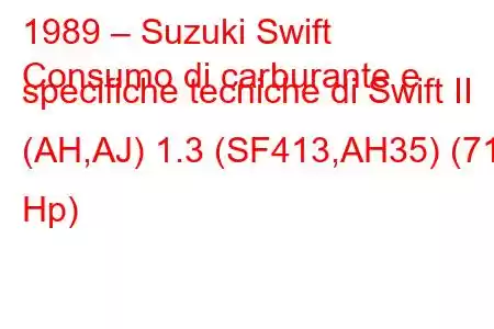 1989 – Suzuki Swift
Consumo di carburante e specifiche tecniche di Swift II (AH,AJ) 1.3 (SF413,AH35) (71 Hp)