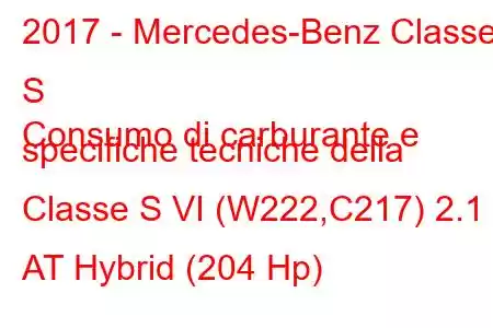 2017 - Mercedes-Benz Classe S
Consumo di carburante e specifiche tecniche della Classe S VI (W222,C217) 2.1 AT Hybrid (204 Hp)