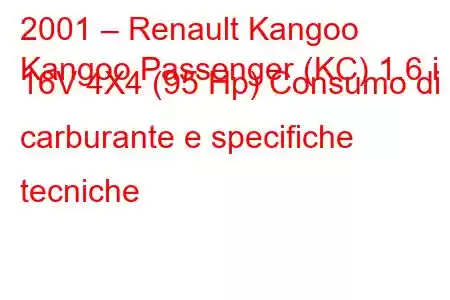 2001 – Renault Kangoo
Kangoo Passenger (KC) 1.6 i 16V 4X4 (95 Hp) Consumo di carburante e specifiche tecniche