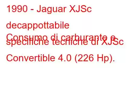 1990 - Jaguar XJSc decappottabile
Consumo di carburante e specifiche tecniche di XJSc Convertible 4.0 (226 Hp).