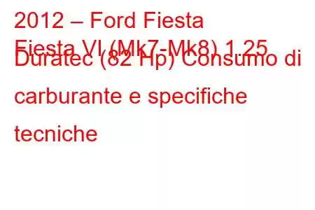 2012 – Ford Fiesta
Fiesta VI (Mk7-Mk8) 1.25 Duratec (82 Hp) Consumo di carburante e specifiche tecniche