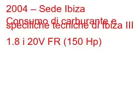 2004 – Sede Ibiza
Consumo di carburante e specifiche tecniche di Ibiza III 1.8 i 20V FR (150 Hp)