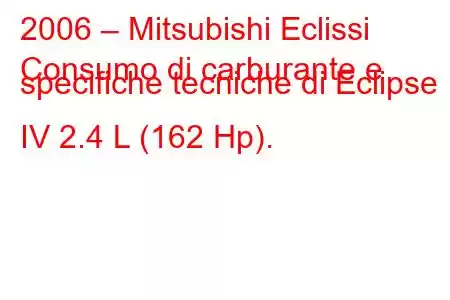 2006 – Mitsubishi Eclissi
Consumo di carburante e specifiche tecniche di Eclipse IV 2.4 L (162 Hp).