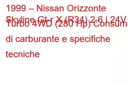 1999 – Nissan Orizzonte
Skyline Gt-r X (R34) 2.6 i 24V Turbo 4WD (280 Hp) Consumo di carburante e specifiche tecniche