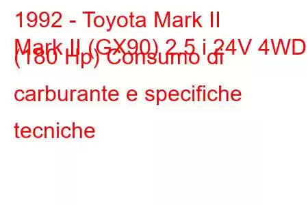 1992 - Toyota Mark II
Mark II (GX90) 2.5 i 24V 4WD (180 Hp) Consumo di carburante e specifiche tecniche