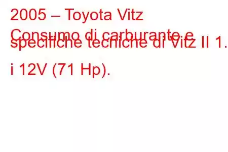 2005 – Toyota Vitz
Consumo di carburante e specifiche tecniche di Vitz II 1.0 i 12V (71 Hp).