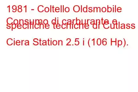 1981 - Coltello Oldsmobile
Consumo di carburante e specifiche tecniche di Cutlass Ciera Station 2.5 i (106 Hp).