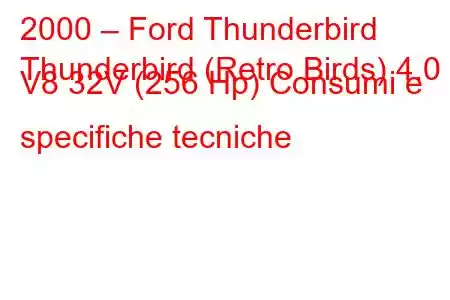 2000 – Ford Thunderbird
Thunderbird (Retro Birds) 4.0 i V8 32V (256 Hp) Consumi e specifiche tecniche