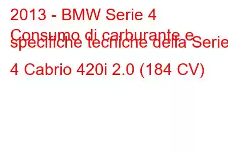 2013 - BMW Serie 4
Consumo di carburante e specifiche tecniche della Serie 4 Cabrio 420i 2.0 (184 CV)