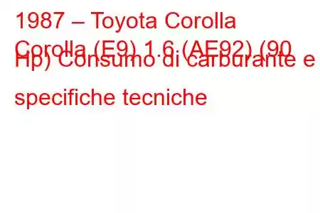 1987 – Toyota Corolla
Corolla (E9) 1.6 (AE92) (90 Hp) Consumo di carburante e specifiche tecniche