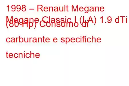 1998 – Renault Megane
Megane Classic I (LA) 1.9 dTi (80 Hp) Consumo di carburante e specifiche tecniche