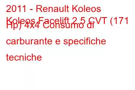 2011 - Renault Koleos
Koleos Facelift 2.5 CVT (171 Hp) 4x4 Consumo di carburante e specifiche tecniche