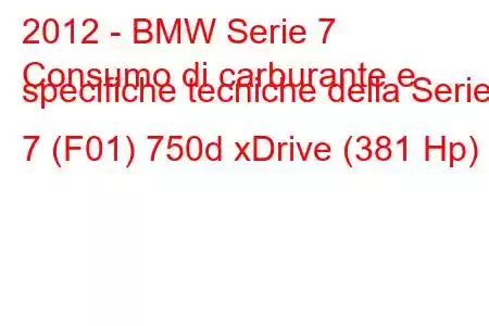 2012 - BMW Serie 7
Consumo di carburante e specifiche tecniche della Serie 7 (F01) 750d xDrive (381 Hp)