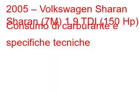 2005 – Volkswagen Sharan
Sharan (7M) 1.9 TDI (150 Hp) Consumo di carburante e specifiche tecniche