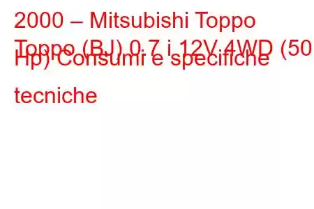 2000 – Mitsubishi Toppo
Toppo (BJ) 0.7 i 12V 4WD (50 Hp) Consumi e specifiche tecniche