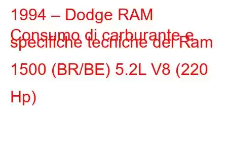 1994 – Dodge RAM
Consumo di carburante e specifiche tecniche del Ram 1500 (BR/BE) 5.2L V8 (220 Hp)