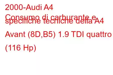 2000-Audi A4
Consumo di carburante e specifiche tecniche della A4 Avant (8D,B5) 1.9 TDI quattro (116 Hp)