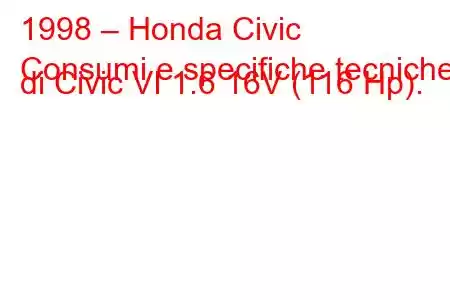 1998 – Honda Civic
Consumi e specifiche tecniche di Civic VI 1.6 16V (116 Hp).