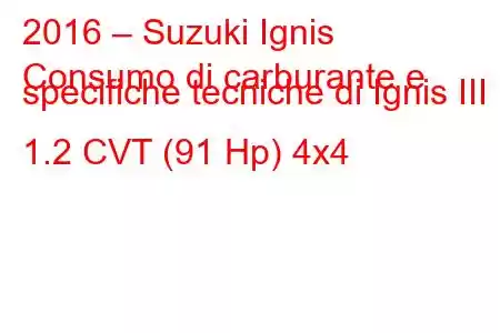 2016 – Suzuki Ignis
Consumo di carburante e specifiche tecniche di Ignis III 1.2 CVT (91 Hp) 4x4