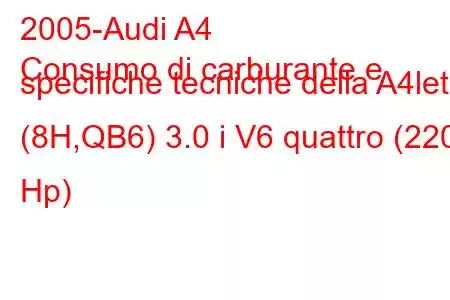 2005-Audi A4
Consumo di carburante e specifiche tecniche della A4let (8H,QB6) 3.0 i V6 quattro (220 Hp)