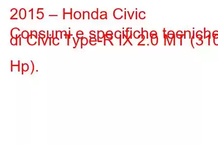 2015 – Honda Civic
Consumi e specifiche tecniche di Civic Type-R IX 2.0 MT (310 Hp).