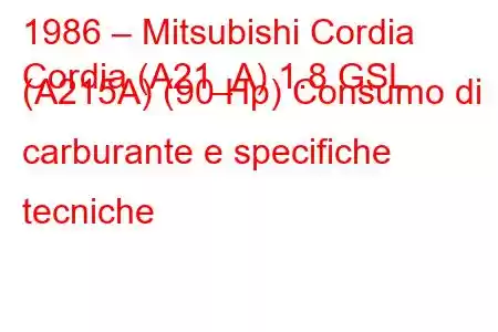 1986 – Mitsubishi Cordia
Cordia (A21_A) 1.8 GSL (A215A) (90 Hp) Consumo di carburante e specifiche tecniche