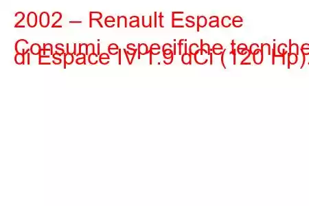 2002 – Renault Espace
Consumi e specifiche tecniche di Espace IV 1.9 dCi (120 Hp).