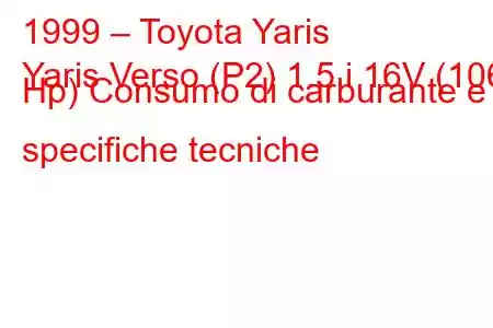 1999 – Toyota Yaris
Yaris Verso (P2) 1.5 i 16V (106 Hp) Consumo di carburante e specifiche tecniche