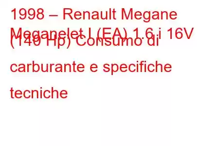 1998 – Renault Megane
Meganelet I (EA) 1.6 i 16V (140 Hp) Consumo di carburante e specifiche tecniche