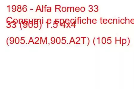 1986 - Alfa Romeo 33
Consumi e specifiche tecniche 33 (905) 1.5 4x4 (905.A2M,905.A2T) (105 Hp)