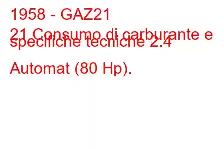 1958 - GAZ21
21 Consumo di carburante e specifiche tecniche 2.4 Automat (80 Hp).