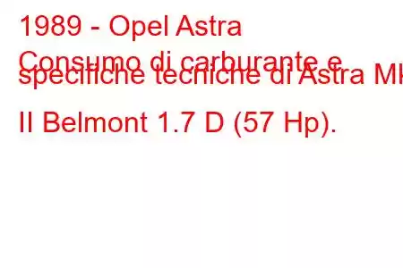 1989 - Opel Astra
Consumo di carburante e specifiche tecniche di Astra Mk II Belmont 1.7 D (57 Hp).