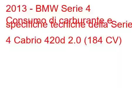 2013 - BMW Serie 4
Consumo di carburante e specifiche tecniche della Serie 4 Cabrio 420d 2.0 (184 CV)