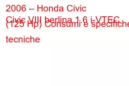 2006 – Honda Civic
Civic VIII berlina 1.6 i-VTEC (125 Hp) Consumi e specifiche tecniche