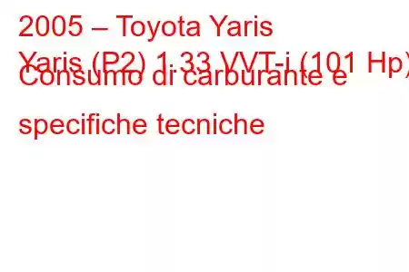 2005 – Toyota Yaris
Yaris (P2) 1.33 VVT-i (101 Hp) Consumo di carburante e specifiche tecniche