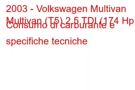 2003 - Volkswagen Multivan
Multivan (T5) 2.5 TDI (174 Hp) Consumo di carburante e specifiche tecniche