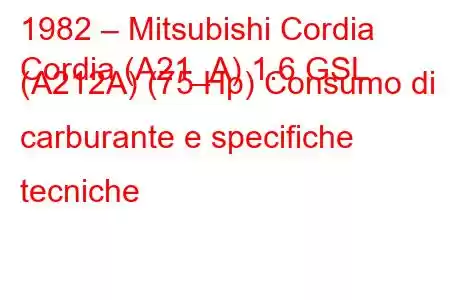 1982 – Mitsubishi Cordia
Cordia (A21_A) 1.6 GSL (A212A) (75 Hp) Consumo di carburante e specifiche tecniche