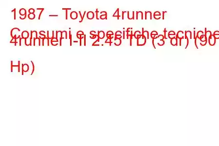 1987 – Toyota 4runner
Consumi e specifiche tecniche 4runner I-II 2.45 TD (3 dr) (90 Hp)