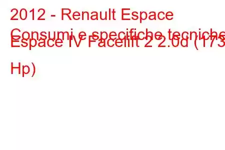 2012 - Renault Espace
Consumi e specifiche tecniche Espace IV Facelift 2 2.0d (173 Hp)