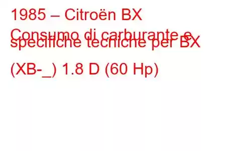 1985 – Citroën BX
Consumo di carburante e specifiche tecniche per BX (XB-_) 1.8 D (60 Hp)