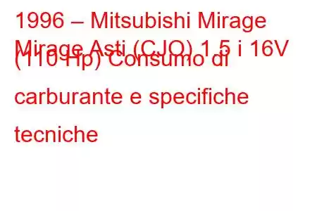 1996 – Mitsubishi Mirage
Mirage Asti (CJO) 1.5 i 16V (110 Hp) Consumo di carburante e specifiche tecniche