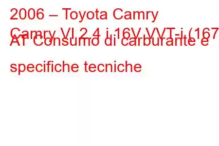 2006 – Toyota Camry
Camry VI 2.4 i 16V VVT-i (167) AT Consumo di carburante e specifiche tecniche