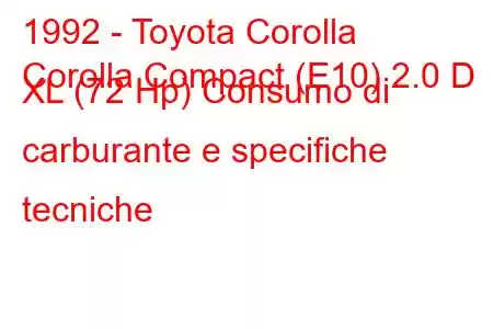 1992 - Toyota Corolla
Corolla Compact (E10) 2.0 D XL (72 Hp) Consumo di carburante e specifiche tecniche