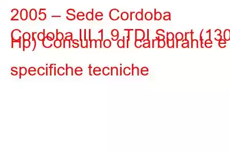 2005 – Sede Cordoba
Cordoba III 1.9 TDI Sport (130 Hp) Consumo di carburante e specifiche tecniche