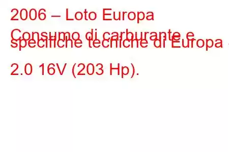 2006 – Loto Europa
Consumo di carburante e specifiche tecniche di Europa S 2.0 16V (203 Hp).