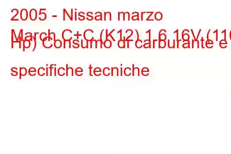 2005 - Nissan marzo
March C+C (K12) 1.6 16V (110 Hp) Consumo di carburante e specifiche tecniche