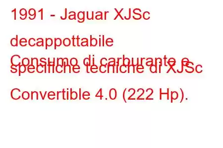 1991 - Jaguar XJSc decappottabile
Consumo di carburante e specifiche tecniche di XJSc Convertible 4.0 (222 Hp).